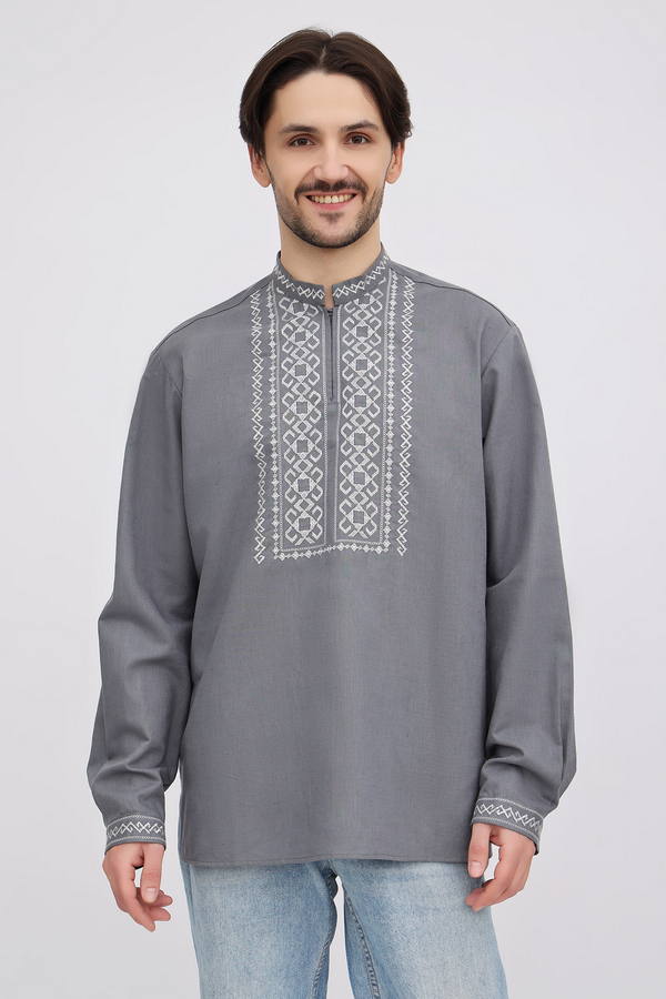 Men's linen embroidered shirt "Naum" in gray with white embroidery 